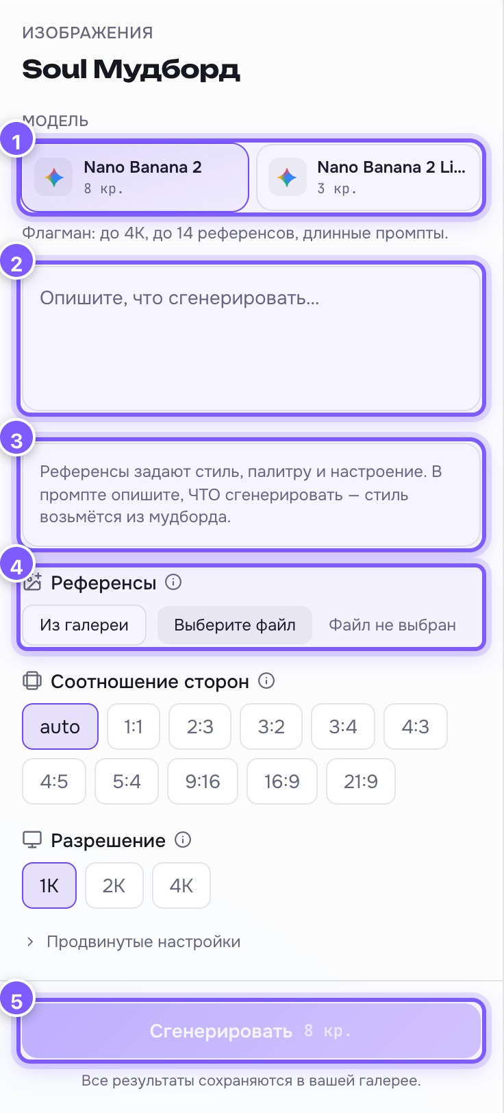 Панель мудборда с подписанными кнопками